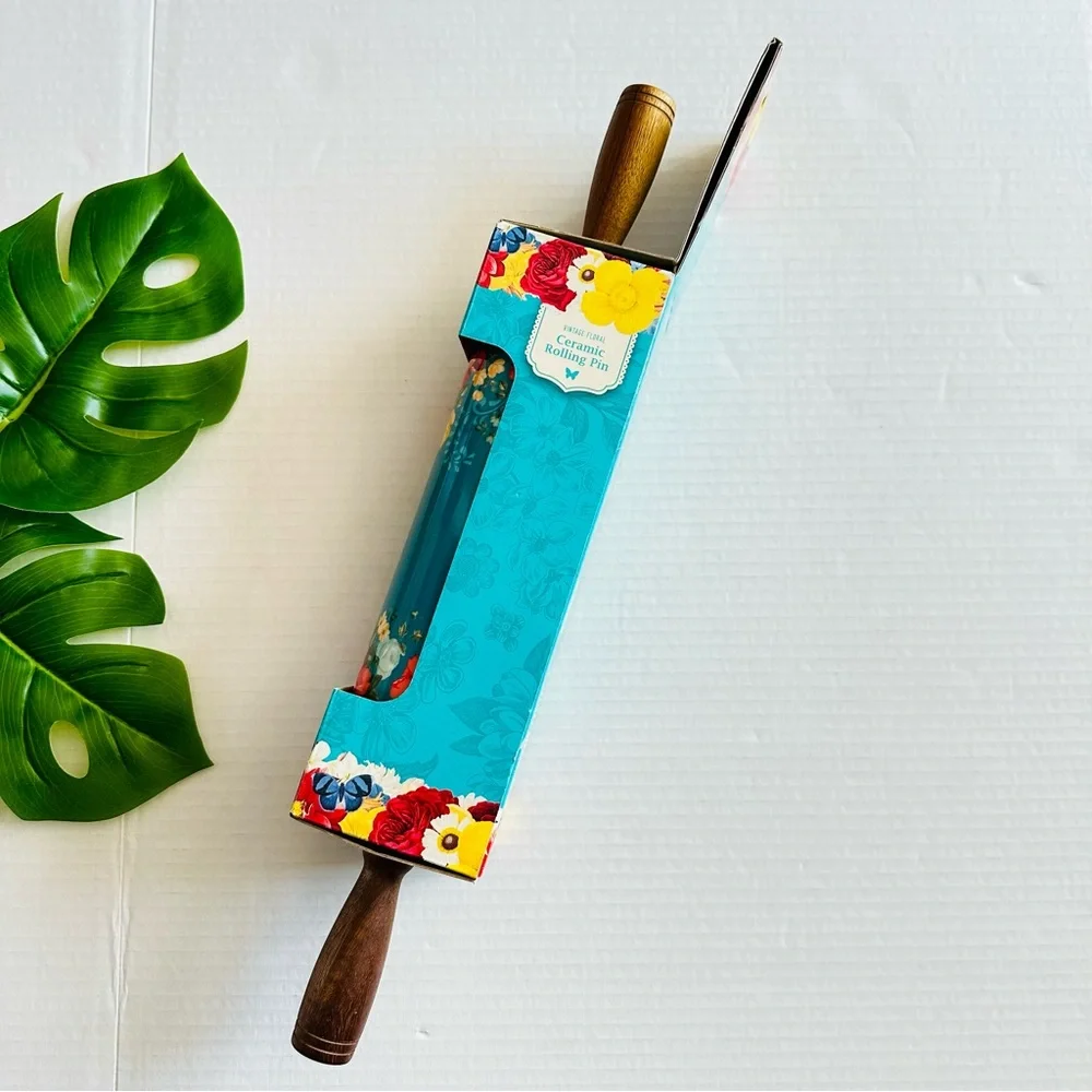 The Pioneer Woman Vintage Floral Ceramic Rolling Pin with Acacia Wood Handles